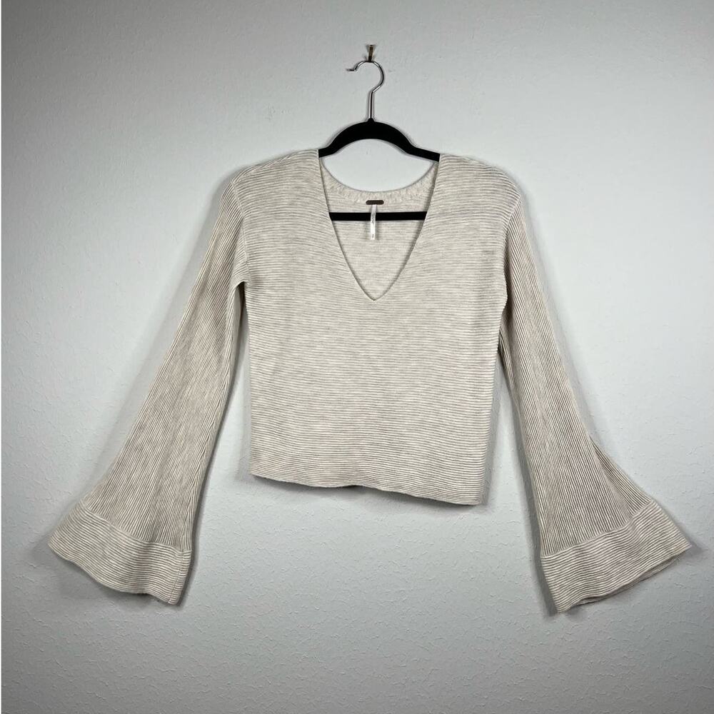 Free People Starman V-Neck Pullover Top Ribbed Bell Sleeve Small Cream